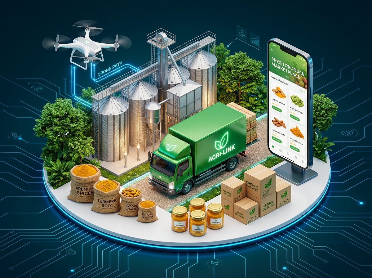 Agri-tech supply chain with drone, truck, mobile app and turmeric products